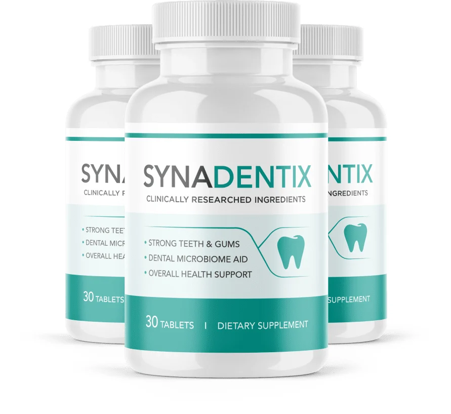 Three bottles of Synadentix dental microbiome dietary supplement, 30 tablets each