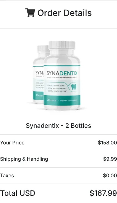 Synadentix order summary at checkout, October 13, 2026